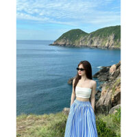 Sét Váy Kẻ Sọc Dài Đi Biển Mùa Hè Kèm Áo 2S Xếp Ly Ngực Chun Lưng