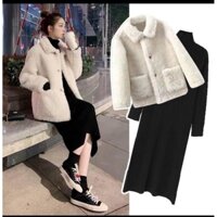 Set váy len áo khoác lông cừu