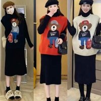 Sét váy len body dáng dài mix áo gile hoạ tiết gấu sát nách thời trang nhiều màu