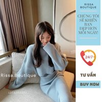 Set Váy len body midi dáng dài kèm áo khoác croptop tay phồng cổ cao 2 màu xanh hồng mùa đông phong cách hàn quốc