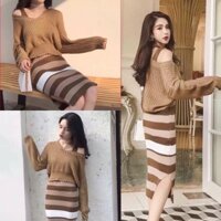 Set váy len body xẻ kẻ ngang áo lệch vai cực hot