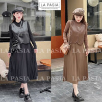 Set Váy Len Dáng Dài Thu Đông Tay Dài Mix Áo Gila Da Thật LAPASIA LP116
