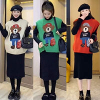 Sét Váy Len Kèm Áo Gile Chất Nỉ Pe In Hình Gấu GUY From Rộng