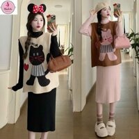 Sét Váy Len Kèm Áo Gile Nỉ MÈO From Rộng Dáng Dài ĐẦM BẦU KHÁNH AN