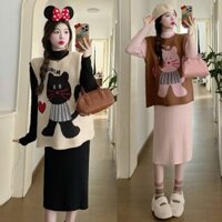 Sét Váy Len Kèm Áo Gile Nỉ MÈO From Rộng Dáng Dài