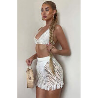 Set váy len móc đi biển kèm quần