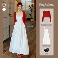 Set Váy Liền Hai Dây Màu Trắng Phong Cách Nhẹ Nhàng Phối Cùng Khoác Cardigan Dệt Kim Cho Nữ