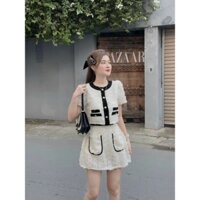Set Váy lông công 2 lớp áo croptop túi hộp đính cúc tua rua phối viền sang chảnh phong cách tiểu thư  Váy Nữ Sang Chảnh