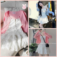 SÉT VÁY MANGGO PHỐI REN( CÓ LÓT QUẦN) 2 Màu Xanh, Hồng KÈM ÁO KHOÁC VÀ ÁO TRONG TĂM LẠNH