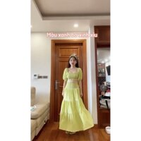 Set váy maxi đi biển dáng dài phối áo croptop tay bồng kèm dây băng đô HABII size S