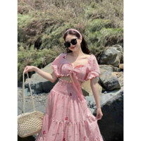 Sét váy maxi đi biển dáng dài phối áo croptop tay bồng