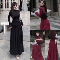 Sét váy maxi mặc đi chơi đi tiệc sang chảnh chất tăm lạnh áo ôm cổ lọ tay dài mix chân váy lưng cao dài xòe