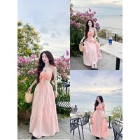 Set váy maxi Nữ áo ren 2 dây cột cúp ngực đính bướm phối chân váy suông dáng dài chất lụa cotton mặc đi biển đi chơi