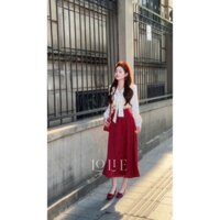Set váy maxi nữ áo sơ mi dài tay chất lụa họa tiết chấm bi phối chân váy tuyết mưa dài dáng xòe xinh xắn