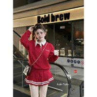 SET VÁY MIU TAY DÀI CỔ BẺ PHỐI TRẮNG MIX CHÂN VÁY 2 MÀU