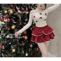 Set váy mùa đông nữ áo len ren trễ vai tay dài đính nơ đỏ phối chân váy tầng vải nhung viền ren kèm áo ống xinh xắn
