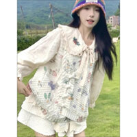 Set váy mùa thu cổ búp bê, áo sơ mi, váy xếp tầng trang phục dopamine