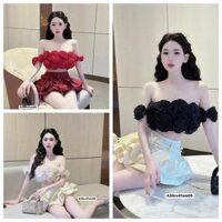 Set váy ngắn 3 màu sang trọng cho các nàng áo đính bông hồng to trễ vai phối chân váy tầng xòe chấm bi có nơ cột