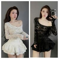 Sét váy ngắn áo ren 2 lớp cổ lệch vai tay dài chân váy tầng chất cotton có lót trong có 2 màu dễ chọn