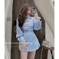 Set váy ngắn chất kate lụa áo sơ mi dài tay phối viền ren bèo cổ nhọn đính bông trước ngực chân váy chữ A dễ thương