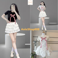 Sét Váy Ngây Thơ Áo Gồm Thun Croptop Nơ Kẻ Dài + Chân Váy 4 Tầng Trắng
