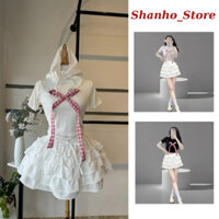 Sét Váy Ngây Thơ Gồm Áo Thun Croptop Nơ Kẻ Dài + Chân Váy 4 Tầng Trắng (LA61)