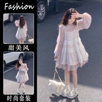 Set Váy Ngọt Ngào Phong Cách Hàn Quốc Váy Dài Tay Hoa Nhí Ngọt Ngào Váy Hai Dây Babydoll Bèo Mẫu Mới Dễ Thương
