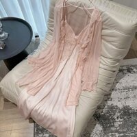 Set váy ngủ lụa cao cấp hai dây kèm choàng hồng phấn sexy ngọt ngào cho nữ - L0109 lụa tô châu