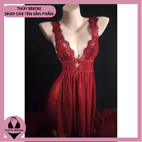 Set Váy Ngủ Nữ Sexy 2 Dây Bản To Xẻ Sâu Xuyên Thấu Có Kèm Quần Lót Lọt Khe Quyến Rũ B70 (8100) - Thủy Bikini