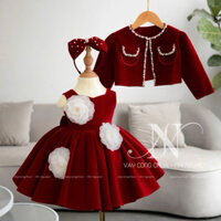 set váy nhung đỏ đính hoa mùa đông cho bé gái - tặng kèm nơ và cài tóc