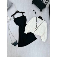 Set váy nữ 2 dây kèm áo khoác dài tay chất dạ trơn kèm váy suông - Lanana boutique