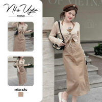 Set váy nữ 3 món màu nâu áo tay dài xoắn ngực kèm áo thun cổ yếm mix chân váy nâu xẻ tà dáng dài phong cách hàn quốc