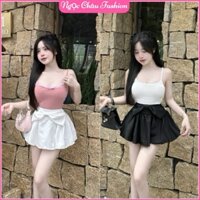Set váy nữ áo 2 dây thun BORIP phối ren có Mút+chân váy xòe xếp ly đính nơ eo có quần trong dưới 53kg