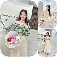 Sét Váy nữ Áo bèo 3 tầng trễ vai tay dài Phối chân váy Midi xếp ly (có lót) dáng xoè xinh xắn dịu dàng