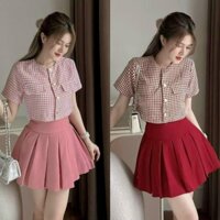 Sét váy nữ áo bố kẻ sọc caro croptop cổ tròn mix chân váy xòe xếp ly thời trang nữ dịu dàng thanh lịch