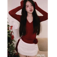 Set váy nữ áo body đỏ phối chân váy belt hoa cực xinh(h l)