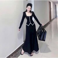 Set váy nữ áo body tay dài cổ U kèm chân váy dài cùng màu