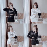 Sét váy nữ áo cổ tròn có nón tay dài in họa tiết chữ from ngắn siêu xinh mix chân váy dáng ôm body trẻ trung, năng động