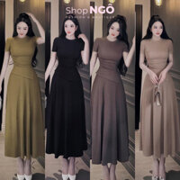 Set váy nữ áo cổ tròn tay ngắn vạt xéo xẻ tà phối chân váy xoè dáng dài basic TÔN DÁNG  thanh lịch cho nàng đi chơi