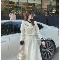 Set váy nữ áo dạ cổ trụ croptop phối cúc vàng tay lật dài sang chảnh mix chân váy dáng dài vintage