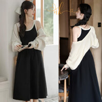 Set váy nữ - Áo khoác cardigan kèm váy 2 dây bản to chất len tăm dáng dài phong cách tiểu thư nika62_store