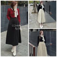 Sét váy nữ áo kiểu tay dài, cổ mix nơ phối chân váy xòe dài với tone màu sang chảnh dành cho các nàng đi choi, đi tiệc.