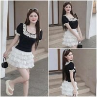 Sét váy nữ áo kiểu tay ngắn phối bèo mix chân váy xòe tầng tiểu thư dành  cho các nàng diện đi chơi, hẹn hò siêu xinh .