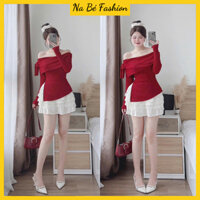 Set Váy Nữ - Áo len nhung trễ vai đỏ đô thắt nơ - mix với chân váy voan tầng đính viền ren siêu hot cho mùa đông
