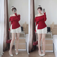 Set Váy Nữ - Áo len nhung trễ vai đỏ đô thắt nơ - mix với chân váy voan tầng đính viền ren siêu hot mặc Noel