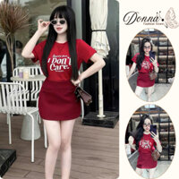 set váy nữ , áo phông nữ cổ tròn mix chân váy ngắn màu đỏ đô tươi in chữ phong cách Hàn quốc Donna hcom25031
