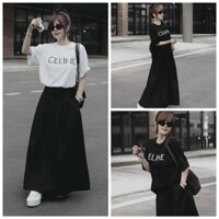 Sét váy nữ áo phông tay ngắn mix chân váy xòe dài với tone màu hot trend dành cho các nàng diện chụp ảnh, cafee xinh xan