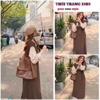 Set váy nữ áo sơ mi be dài tay kèm váy gile len suông dáng dài phong cách hàn quốc - 1989