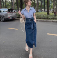 Set Váy Nữ Áo Sơ Mi Kẻ Tay Hến Cúc Ngọc Mix Chân Váy Jean Bò Dáng Dài Xẻ Tà Trước Kèm Đai Buộc Jean(ảnh sàn thật)