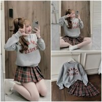 Sét váy nữ áo tay dài in chữ mix chân váy xòe ngắn họa tiết kẻ sọc xinh xắn dành cho các nàng mặc nhà, đi chơi siêu yêu.